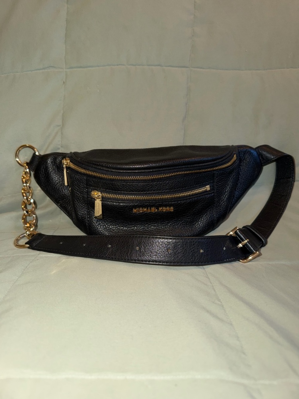 Michael Kors Black Leather Waist Bag with Gold Chain Accent
